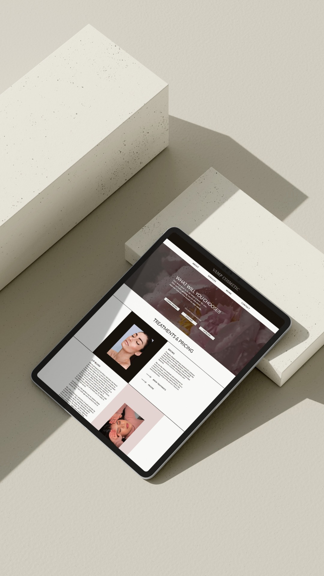 Modern beauty branding website design for Vamp Cosmetic displayed on an ipad mockup